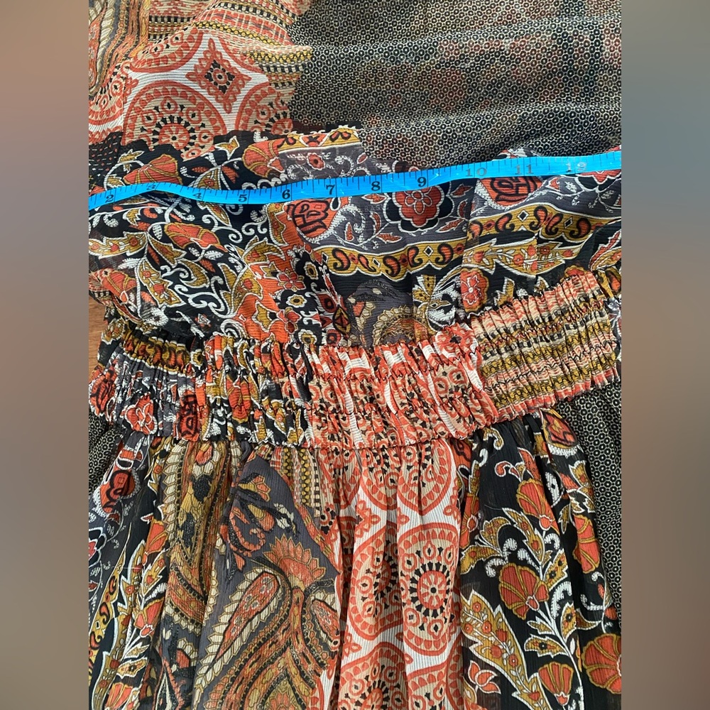 Zara Boho Patchwork Midi Dress Sheer Long Sleeve Smocked Waist Paisley M - Picture 9 of 11